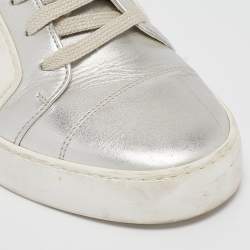 Pre Owned Chanel White/Silver Leather and Rubber High Top Sneakers Size 39
