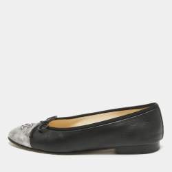 Chanel Black/Silver Leather CC Bow Cap Toe Ballet Flats Size 36.5
