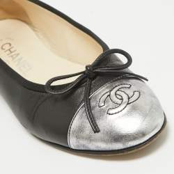 Chanel Black/Silver Leather CC Bow Cap Toe Ballet Flats Size 36.5