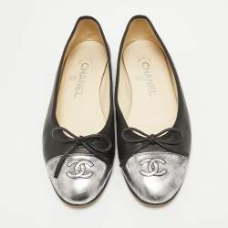Chanel Black/Silver Leather CC Bow Cap Toe Ballet Flats Size 36.5
