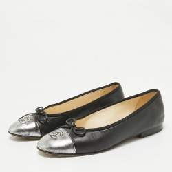 Chanel Black/Silver Leather CC Bow Cap Toe Ballet Flats Size 36.5