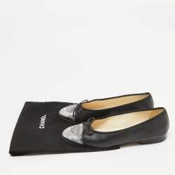 Chanel Black/Silver Leather CC Bow Cap Toe Ballet Flats Size 36.5