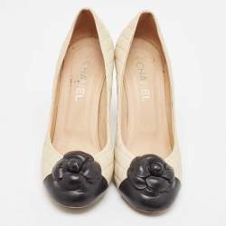 Pre Owned Chanel Cream/Black Leather Flower Pumps Size 40