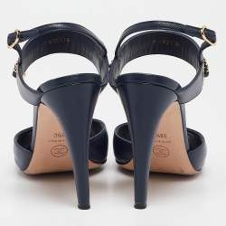 Pre Owned Chanel Navy Blue Leather Chain CC Detail Slingback Sandals Size 39.5