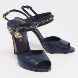 Pre Owned Chanel Navy Blue Leather Chain CC Detail Slingback Sandals Size 39.5