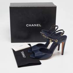Pre Owned Chanel Navy Blue Leather Chain CC Detail Slingback Sandals Size 39.5