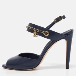 Pre Owned Chanel Navy Blue Leather Chain CC Detail Slingback Sandals Size 39.5