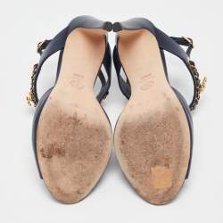 Pre Owned Chanel Navy Blue Leather Chain CC Detail Slingback Sandals Size 39.5