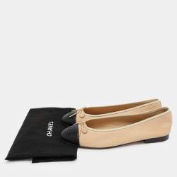 Chanel Beige/Black Leather CC Cap Toe Ballet Flats Size 41.5