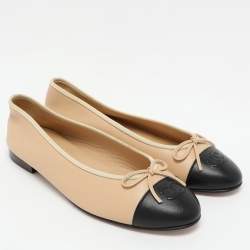 Chanel Beige/Black Leather CC Cap Toe Ballet Flats Size 41.5