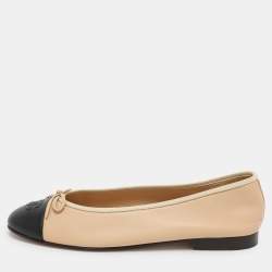 Chanel Beige/Black Leather CC Cap Toe Ballet Flats Size 41.5