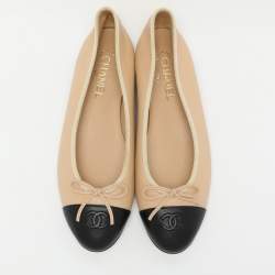 Chanel Beige/Black Leather CC Cap Toe Ballet Flats Size 41.5