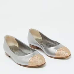 Chanel Grey/Gold Leather CC Cap Toe Ballet Flats Size 35