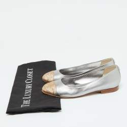 Chanel Grey/Gold Leather CC Cap Toe Ballet Flats Size 35