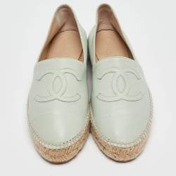 Chanel Green Leather CC Espadrille Flats Size 36