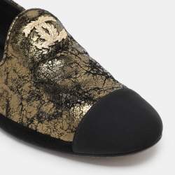 Chanel Gold/Black Printed Suede and Fabric CC Cap Toe Loafers Size 39