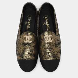 Chanel Gold/Black Printed Suede and Fabric CC Cap Toe Loafers Size 39