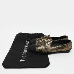 Chanel Gold/Black Printed Suede and Fabric CC Cap Toe Loafers Size 39