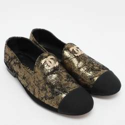 Chanel Gold/Black Printed Suede and Fabric CC Cap Toe Loafers Size 39