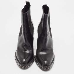 Pre Owned Chanel Black Leather Ankle Length Boots Size 38