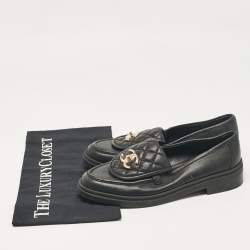 Pre Owned Chanel Black Leather Quilted CC Turnlock Loafers Size 37