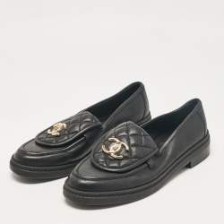 Pre Owned Chanel Black Leather Quilted CC Turnlock Loafers Size 37