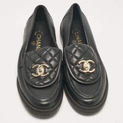 Pre Owned Chanel Black Leather Quilted CC Turnlock Loafers Size 37