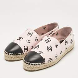 Chanel Pink/Black Leather CC Printed Cap Toe Espadrille Flats Size 41