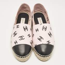 Chanel Pink/Black Leather CC Printed Cap Toe Espadrille Flats Size 41