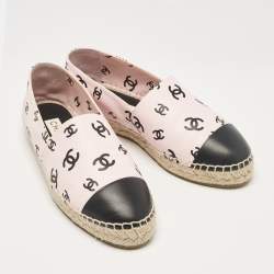 Chanel Pink/Black Leather CC Printed Cap Toe Espadrille Flats Size 41