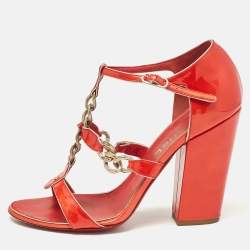 Chanel Red Patent Leather Ankle Strap Sandals Size 40