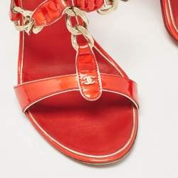 Chanel Red Patent Leather Ankle Strap Sandals Size 40