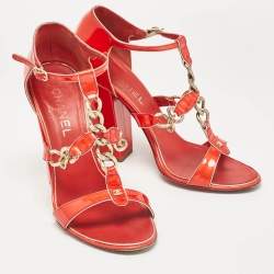 Chanel Red Patent Leather Ankle Strap Sandals Size 40