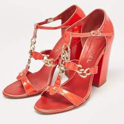 Chanel Red Patent Leather Ankle Strap Sandals Size 40