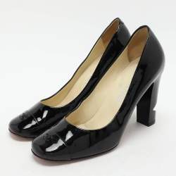 Chanel Black Patent Leather CC Cap Toe Pumps Size 38