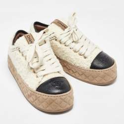Pre Owned Chanel Beige/Black Shearling and Leather Cap Toe CC Low Top Sneakers Size 40
