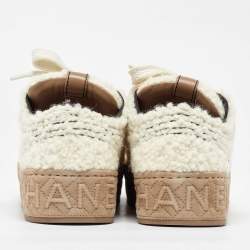 Pre Owned Chanel Beige/Black Shearling and Leather Cap Toe CC Low Top Sneakers Size 40