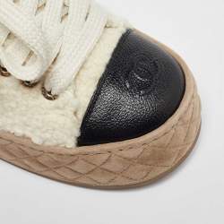Pre Owned Chanel Beige/Black Shearling and Leather Cap Toe CC Low Top Sneakers Size 40