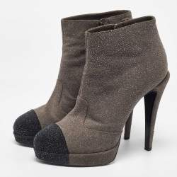 Chanel Grey/Black Glitter Suede Platform Ankle Length Boots Size 39