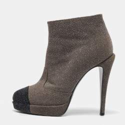 Chanel Grey/Black Glitter Suede Platform Ankle Length Boots Size 39