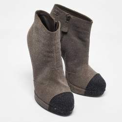 Chanel Grey/Black Glitter Suede Platform Ankle Length Boots Size 39