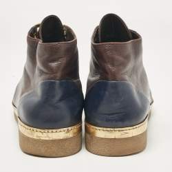 Pre Owned Chanel Navy Blue/Burgundy Leather CC Ankle Boots Size 40.5