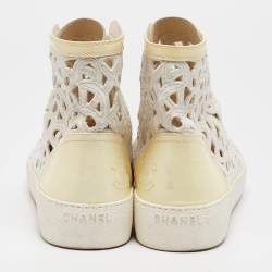 Pre Owned Chanel White/Cream Floral Laser Cut Leather and Patent CC High Top Sneakers Size 40