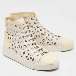Pre Owned Chanel White/Cream Floral Laser Cut Leather and Patent CC High Top Sneakers Size 40