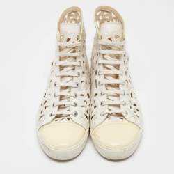 Pre Owned Chanel White/Cream Floral Laser Cut Leather and Patent CC High Top Sneakers Size 40