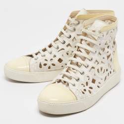 Pre Owned Chanel White/Cream Floral Laser Cut Leather and Patent CC High Top Sneakers Size 40