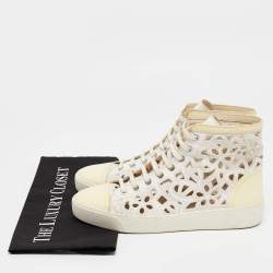 Pre Owned Chanel White/Cream Floral Laser Cut Leather and Patent CC High Top Sneakers Size 40