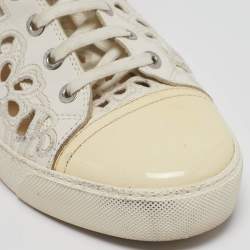 Pre Owned Chanel White/Cream Floral Laser Cut Leather and Patent CC High Top Sneakers Size 40