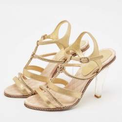 Pre Owned Chanel Gold Textured Suede Crystal Embellished CC Strappy Sandals Size 39