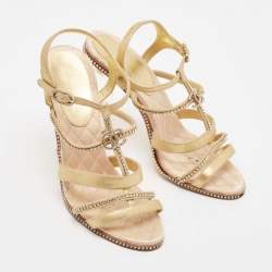 Pre Owned Chanel Gold Textured Suede Crystal Embellished CC Strappy Sandals Size 39